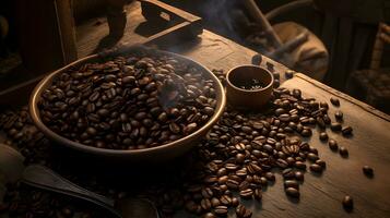 coffee beans on wooden table photo