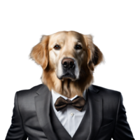 Portrait of Humanoid Anthropomorphic Golden Retriever Dog Wearing Black Business Suit with Butterfly Bow Tie Isolated Transparent Generative AI png