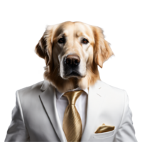 Portrait of Humanoid Anthropomorphic Golden Retriever Dog Wearing White Business Suit Isolated Transparent Generative AI png