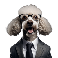 retrato do humanóide antropomórfico poodle cachorro vestindo cinzento o negócio terno com óculos isolado transparente generativo ai png