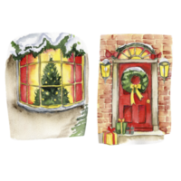 Window in winter with yellow light from it and red door. png