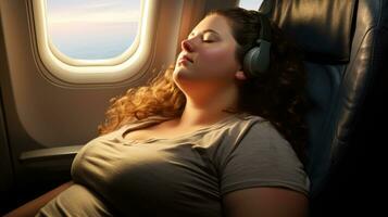 Plus size woman on an airplane. Overweight girl sleeping in an airplane seat photo