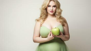 Plus size woman with green apple in her hands on a white background photo