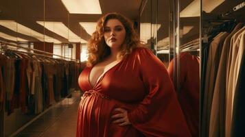 Plus size woman chooses clothes in the store. Style and fashion photo