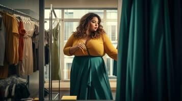 Plus size woman chooses clothes in the store. Style and fashion photo