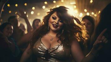 Plus size woman at a party in a nightclub. Real people lifestyle. photo