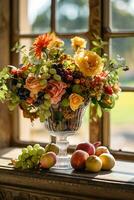 Country life, garden flowers and floral decor, autumnal flower bouquet in vase, country cottage style, generative ai photo