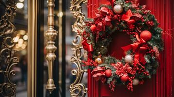 Christmas decoration details on English styled luxury high street city store door or shopping window display, holiday sale and shop decor photo