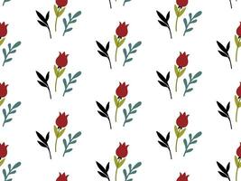 Seamless pattern with red flower and herbs in cartoon flat style on a white background. vector