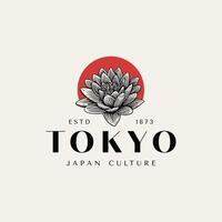 Japanese theme logo with engraving lotus illustration vector