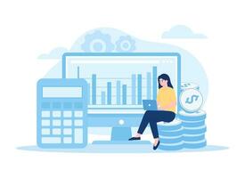 A woman sitting on coins and calculates income business concept flat illustration vector