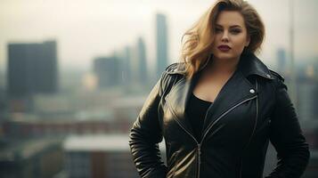 Stylish plus size women in a black leather jacket against a blurry city background photo