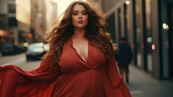 Stylish chic plus size woman against the backdrop of a blurred city photo