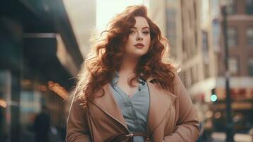 Stylish chic plus size woman against the backdrop of a blurred city photo