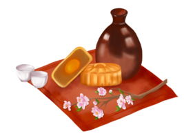 A piece and a half of Chinese Mooncake, a jar and a pair of Chinese tea cup, put on the red fabric has decorated with beautiful soft pink blossom flower. Digital hand draw and paint images. png