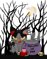 The black American Shorthair evil cat is sitting on black meadow with witch pot, in the center of the black forest. png
