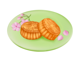 Two Chinese Moon Cakes put on a light green plate that has decorated With bloodsuckers with pink flower. Digital hand draw and paint, isolate image. png