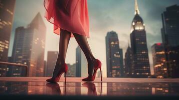 Close-up photo of feet. Pink shoes and pink skirt on a blurred city background.