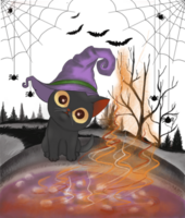 The cute black cat with the wizard hat sitting on a witch's pot, A group of bats, spiders and their cobweb, black trees and gray road, and dark orange sky show as the background. png