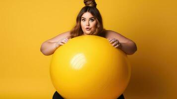 Young plus-sized woman with fitball on yellow background. Funny photo