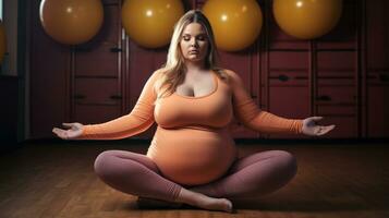 Plus size woman doing yoga in the gym. Fitballs in the background. photo