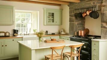 Farmhouse kitchen decor, interior design and sage green home decor, English in frame kitchen cabinets in a country house, elegant cottage style photo