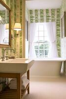 clásico baño decoración, interior diseño y hogar mejora, bañera y baño muebles, Inglés país casa y cabaña estilo, generativo ai foto