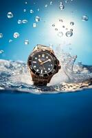 Waterproof luxury mens watch underwater in the ocean or sea commercial concept, bespoke water resistant design, generative ai photo