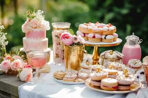 Boda buffet mesa, evento postre comida abastecimiento para boda, fiesta y fiesta celebracion, pasteles, dulces y postres en un país jardín, generativo ai foto