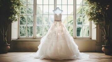 Wedding drees, bridal gown style and bespoke fashion, full-legth white tailored ball gown in showroom, tailor fitting, beauty and wedding photo