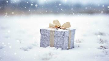 Navidad fiesta regalo y presente, regalo caja en el nieve en nevada invierno campo naturaleza para boxeo día, Días festivos compras rebaja foto