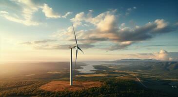 Aerial view of wind turbine generating in wind farm photo