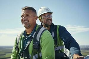 construcción trabajadores en pie en frente de viento turbinas foto