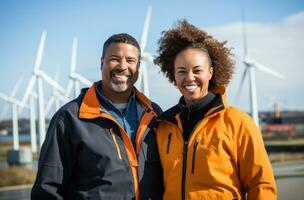 Construction workers standing in front of wind turbines photo