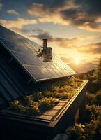 Technician installing solar panels on rooftop roof photo