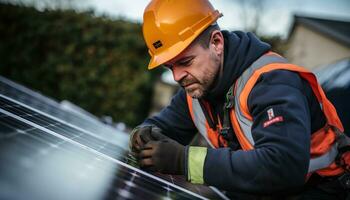 Technician installing solar panels on rooftop roof photo