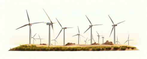 A set of wind turbines is pictured on a white background photo