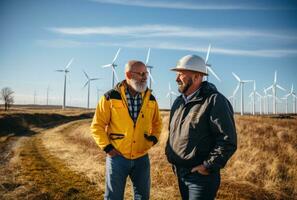 Construction workers standing in front of wind turbines photo
