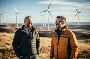 Construction workers standing in front of wind turbines photo