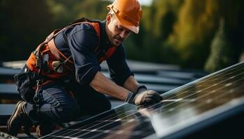 Technician installing solar panels on rooftop roof photo