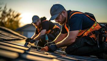 Technician installing solar panels on rooftop roof photo