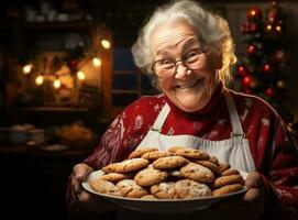 mayor mujer preparando Navidad galletas foto