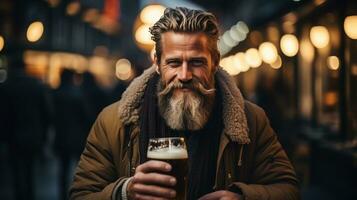 Brutal scandinavian man with glass of beer, bokeh blurred pub background photo