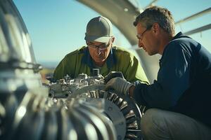 Construction workers standing in front of wind turbines photo