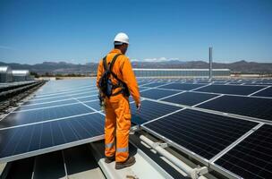 Technician installing solar panels on rooftop roof photo