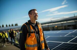 Technician installing solar panels on rooftop roof photo