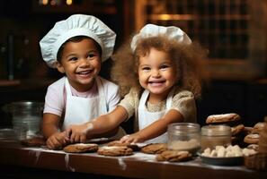 Pareja de niños preparando Navidad galletas foto