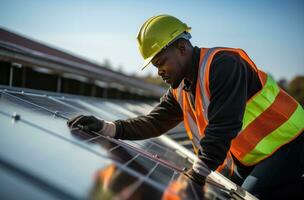 Technician installing solar panels on rooftop roof photo