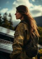 Technician installing solar panels on rooftop roof photo