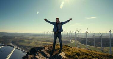 A engineer standing on top of a wind turbine photo